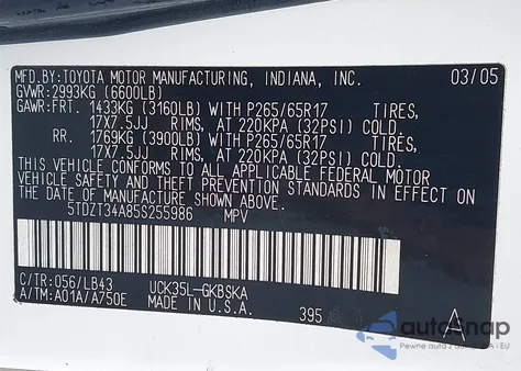 2005 Toyota Sequoia Sr5 V8 z USA, uszkodzony, nr VIN 5TDZT34A85S255986